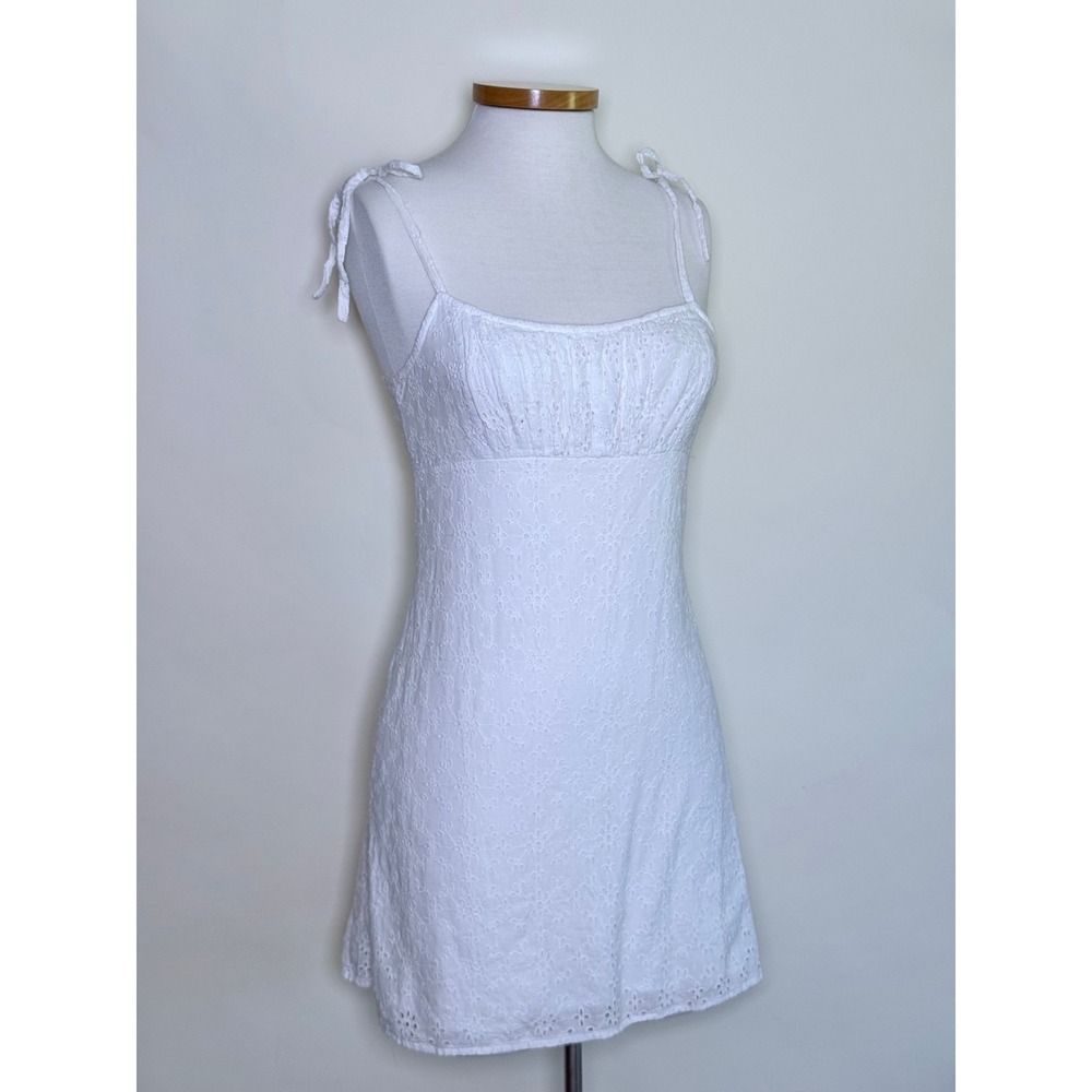 Eyelet Milkmaid Mini Dress XS Small White Smocked Y2K Cottagecore